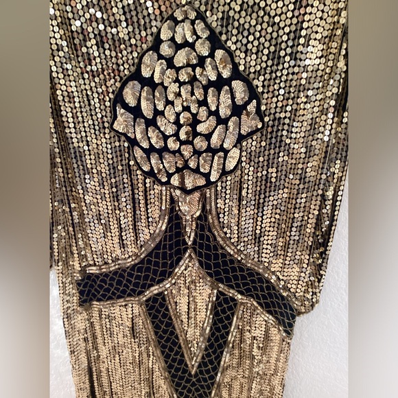 Vintage Gold Black Sequin Silk Dress Flapper - Picture 8 of 8